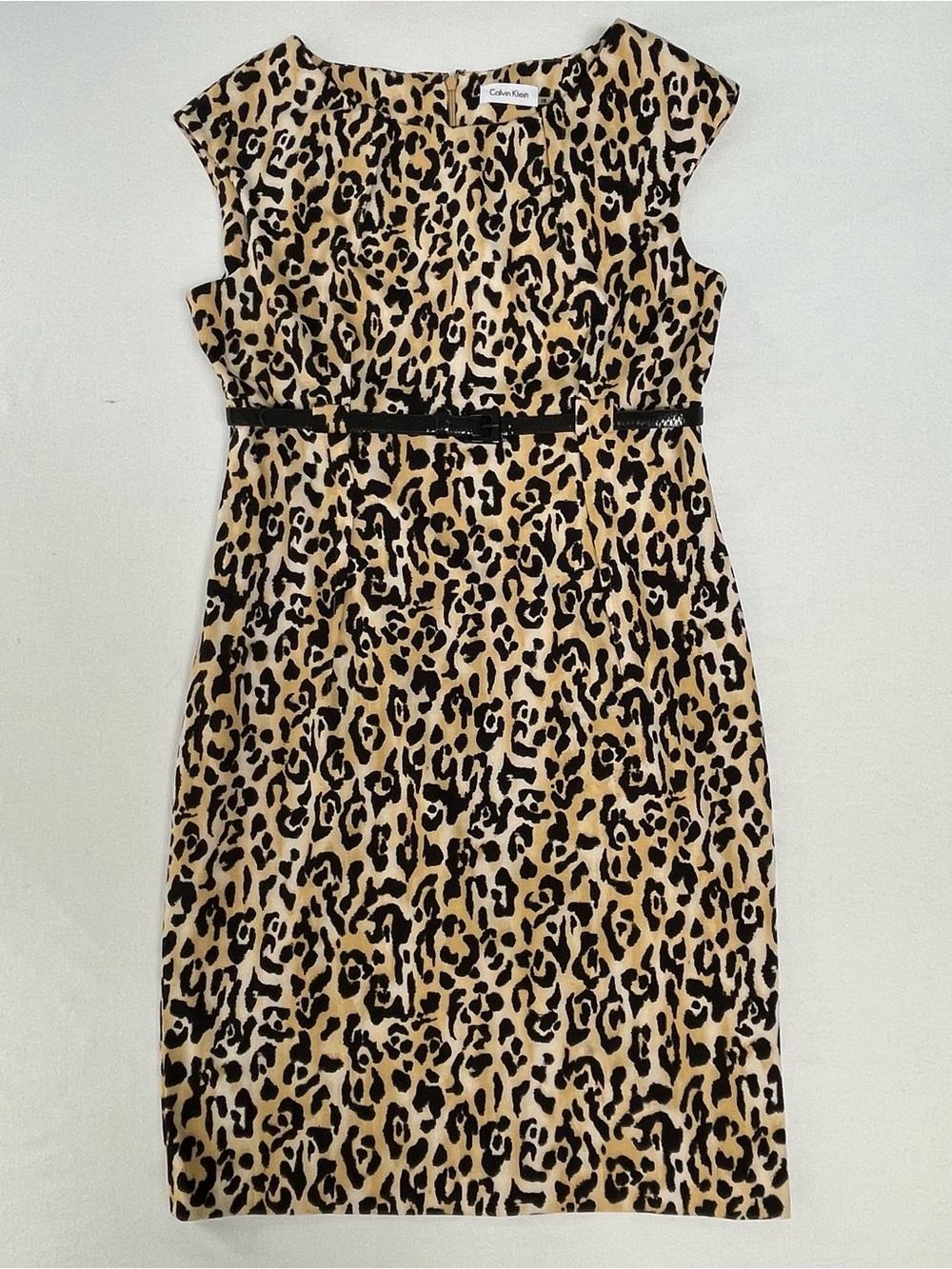 Calvin Klein Leopard Cheetah Print Cap Sleeve Belted Sheath Midi Dress Size 10